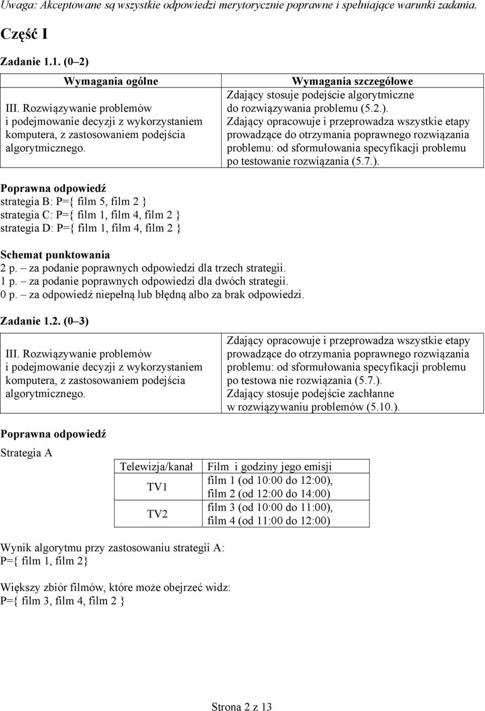 testowanie rozwiązania (5.7.). strategia B: P={ film 5, film 2 } strategia C: P={ film 1, film 4, film 2 } strategia D: P={ film 1, film 4, film 2 } 2 p.