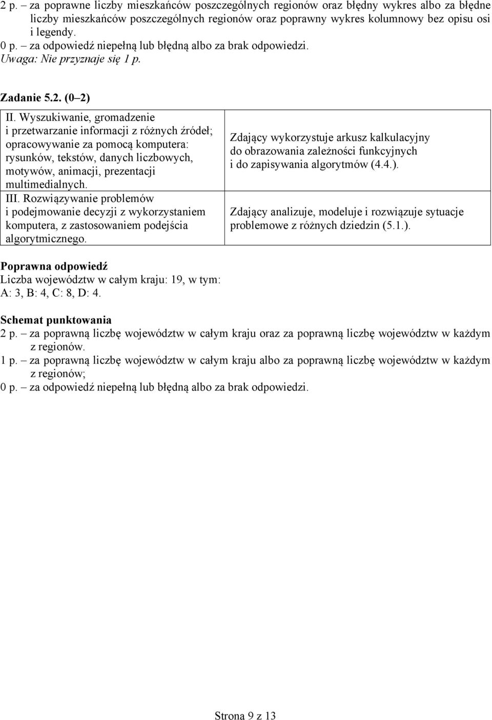 1.). Liczba województw w całym kraju: 19, w tym: A: 3, B: 4, C: 8, D: 4. 2 p. za poprawną liczbę województw w całym kraju oraz za poprawną liczbę województw w każdym z regionów. 1 p.