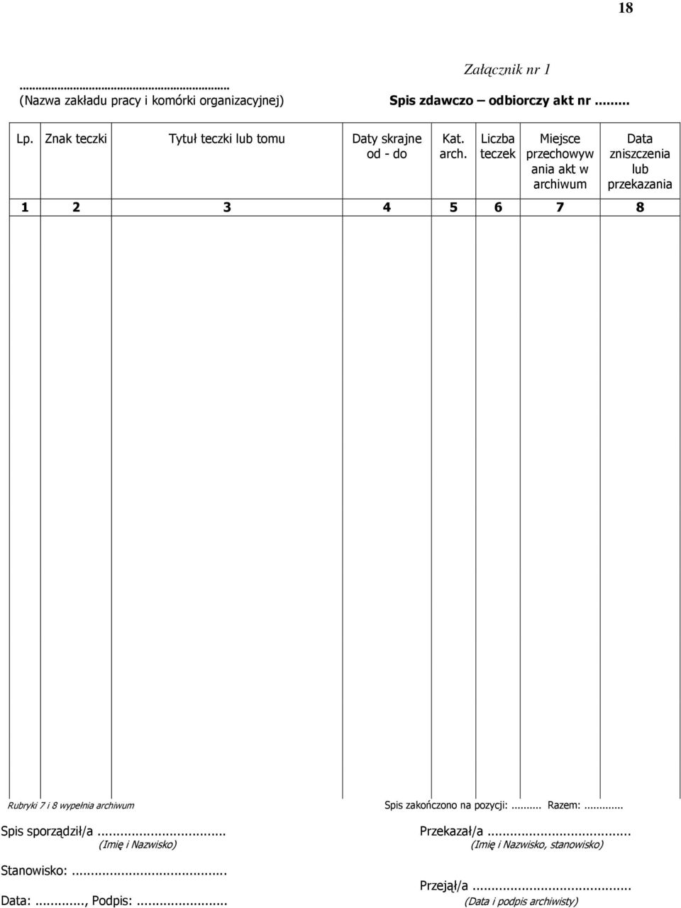 Liczba teczek Miejsce przechowyw ania akt w archiwum Data zniszczenia lub przekazania 1 2 3 4 5 6 7 8 Rubryki 7 i 8 wypełnia