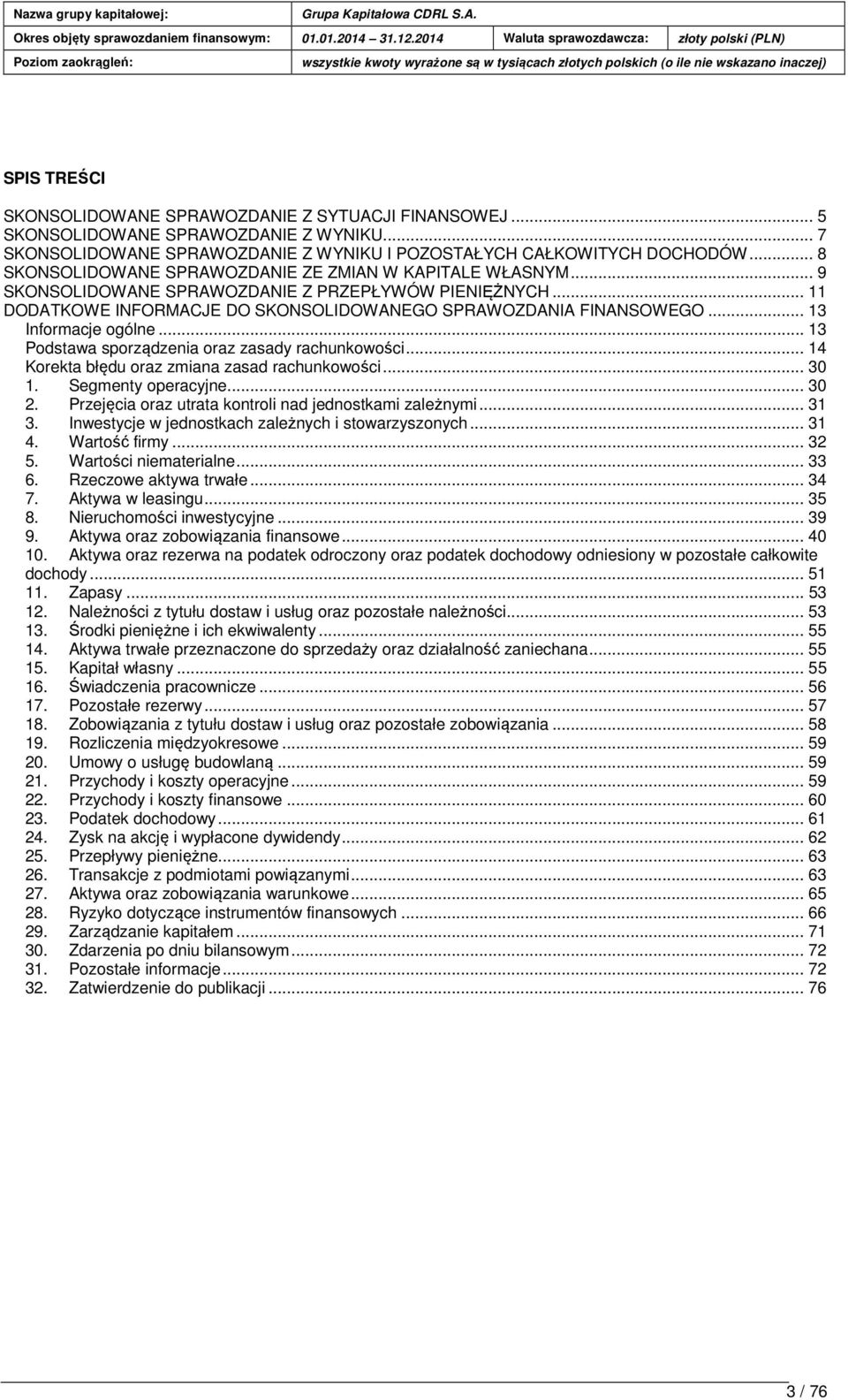 .. 13 Informacje ogólne... 13 Podstawa sporządzenia oraz zasady rachunkowości... 14 Korekta błędu oraz zmiana zasad rachunkowości... 30 1. Segmenty operacyjne... 30 2.