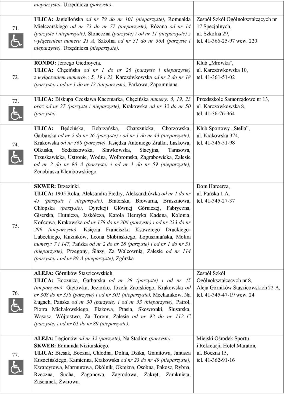 z wyłączeniem numeru 21 A, Szkolna od nr 31 do nr 36A (parzyste i nieparzyste), Urzędnicza (nieparzyste). Ogólnokształcących nr 17 Specjalnych, ul. Szkolna 29, tel. 41-366-25-97 wew. 220 72.