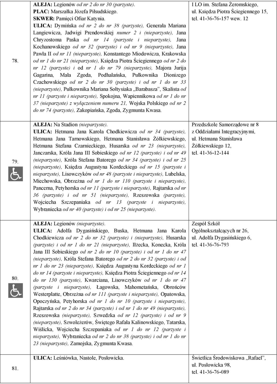 od nr 32 (parzyste) i od nr 9 (nieparzyste), Jana Pawła II od nr 11 (nieparzyste), Konstantego Miodowicza, Krakowska od nr 1 do nr 21 (nieparzyste), Księdza Piotra Ściegiennego od nr 2 do nr 12