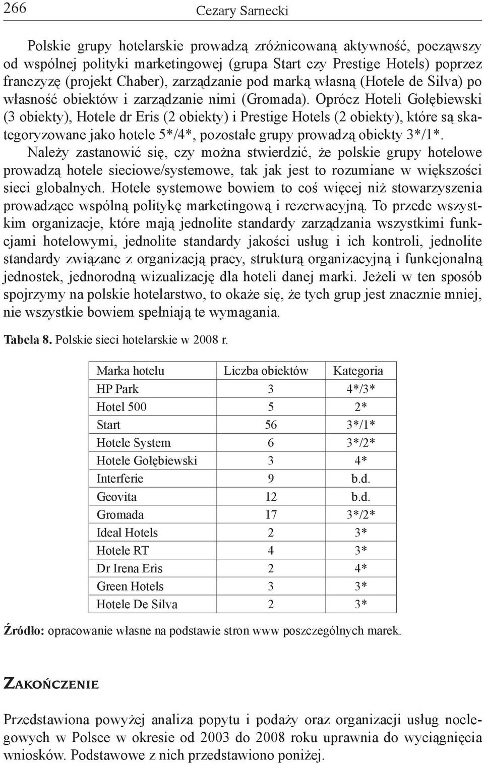 Oprócz Hoteli Gołębiewski (3 obiekty), Hotele dr Eris (2 obiekty) i Prestige Hotels (2 obiekty), które są skategoryzowane jako hotele 5*/4*, pozostałe grupy prowadzą obiekty 3*/*.