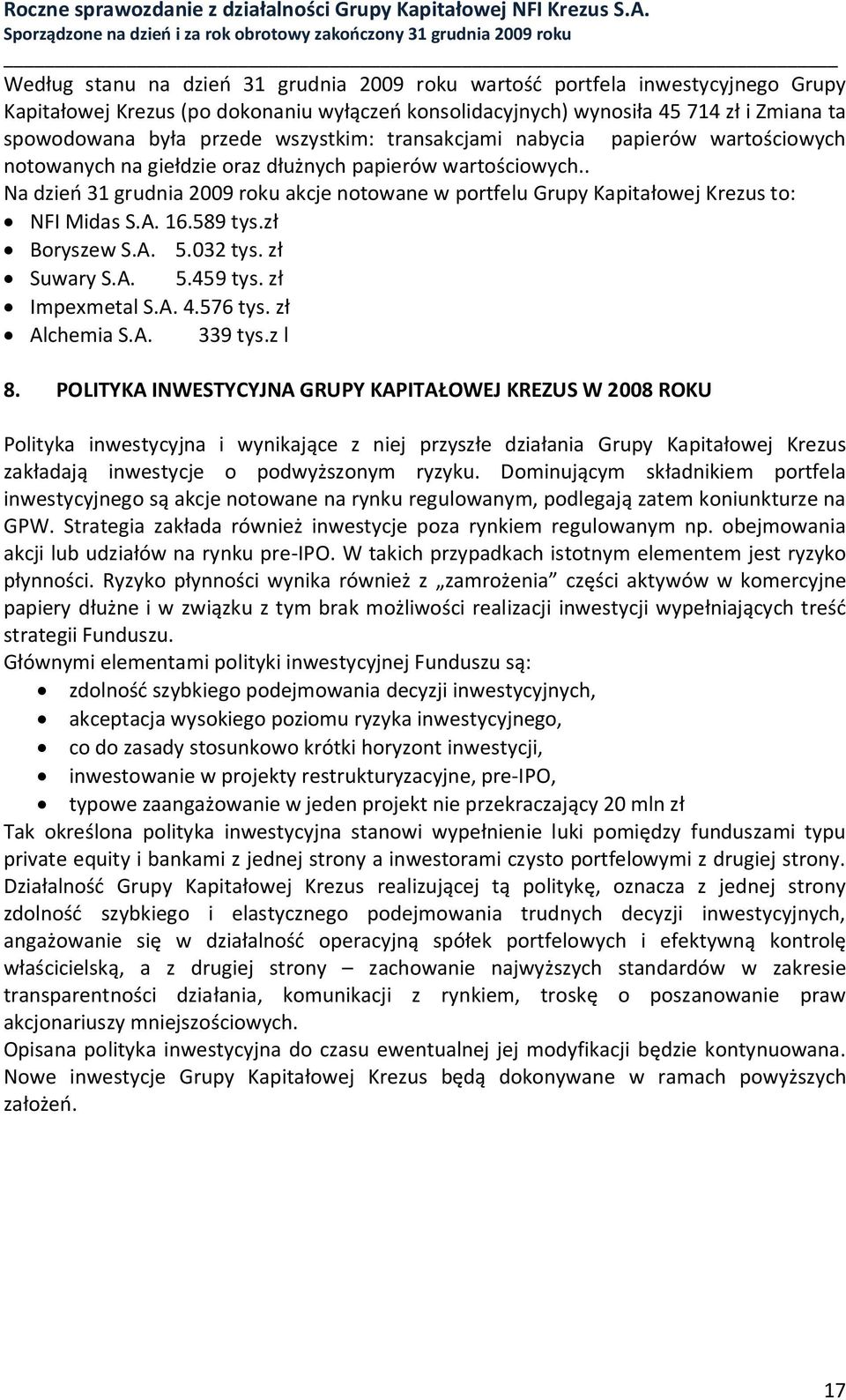 . Na dzień 31 grudnia 2009 roku akcje notowane w portfelu Grupy Kapitałowej Krezus to: NFI Midas S.A. 16.589 tys.zł Boryszew S.A. 5.032 tys. zł Suwary S.A. 5.459 tys. zł Impexmetal S.A. 4.576 tys.