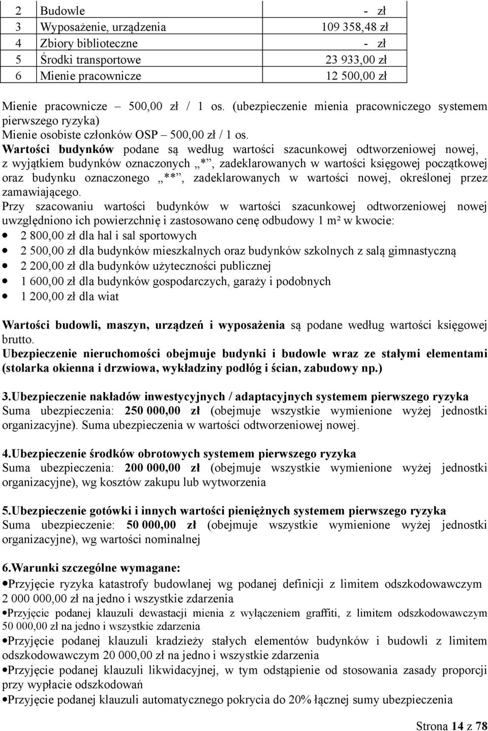 Wartości budynków podane są według wartości szacunkowej odtworzeniowej nowej, z wyjątkiem budynków oznaczonych *, zadeklarowanych w wartości księgowej początkowej oraz budynku oznaczonego **,