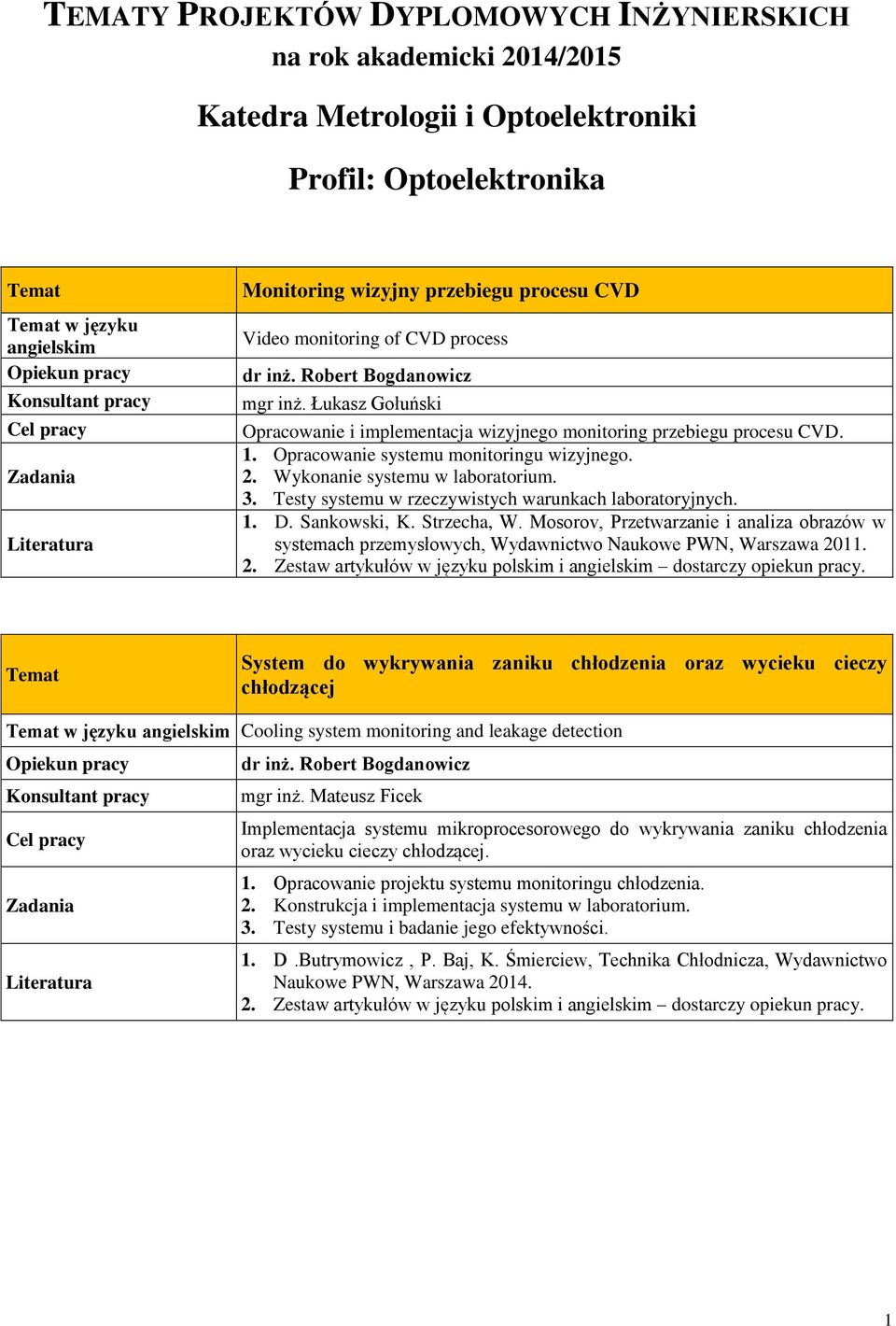 Wykonanie systemu w laboratorium. 3. Testy systemu w rzeczywistych warunkach laboratoryjnych. 1. D. Sankowski, K. Strzecha, W.