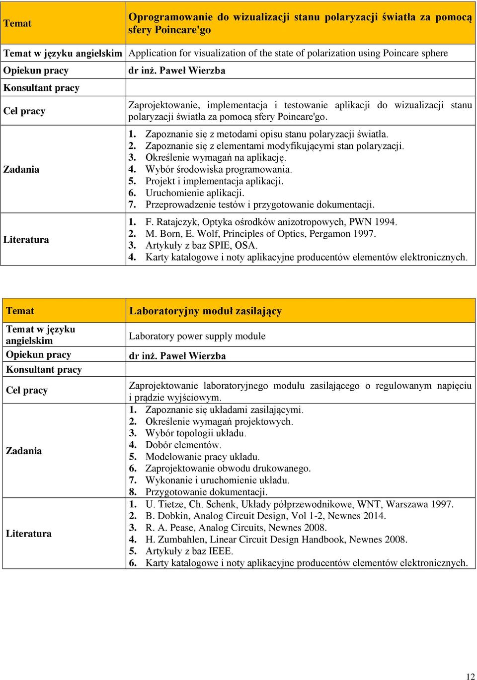 2. Zapoznanie się z elementami modyfikującymi stan polaryzacji. 3. Określenie wymagań na aplikację. 4. Wybór środowiska programowania. 5. Projekt i implementacja aplikacji. 6. Uruchomienie aplikacji.
