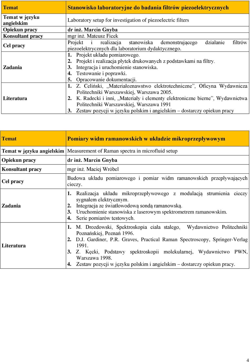 Projekt i realizacja płytek drukowanych z podstawkami na filtry. 3. Integracja i uruchomienie stanowiska. 4. Testowanie i poprawki. 5. Opracowanie dokumentacji. 1. Z.