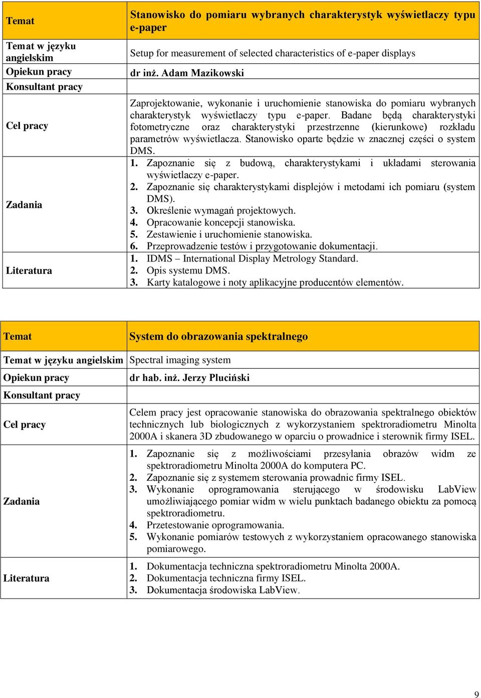 Badane będą charakterystyki fotometryczne oraz charakterystyki przestrzenne (kierunkowe) rozkładu parametrów wyświetlacza. Stanowisko oparte będzie w znacznej części o system DMS. 1.