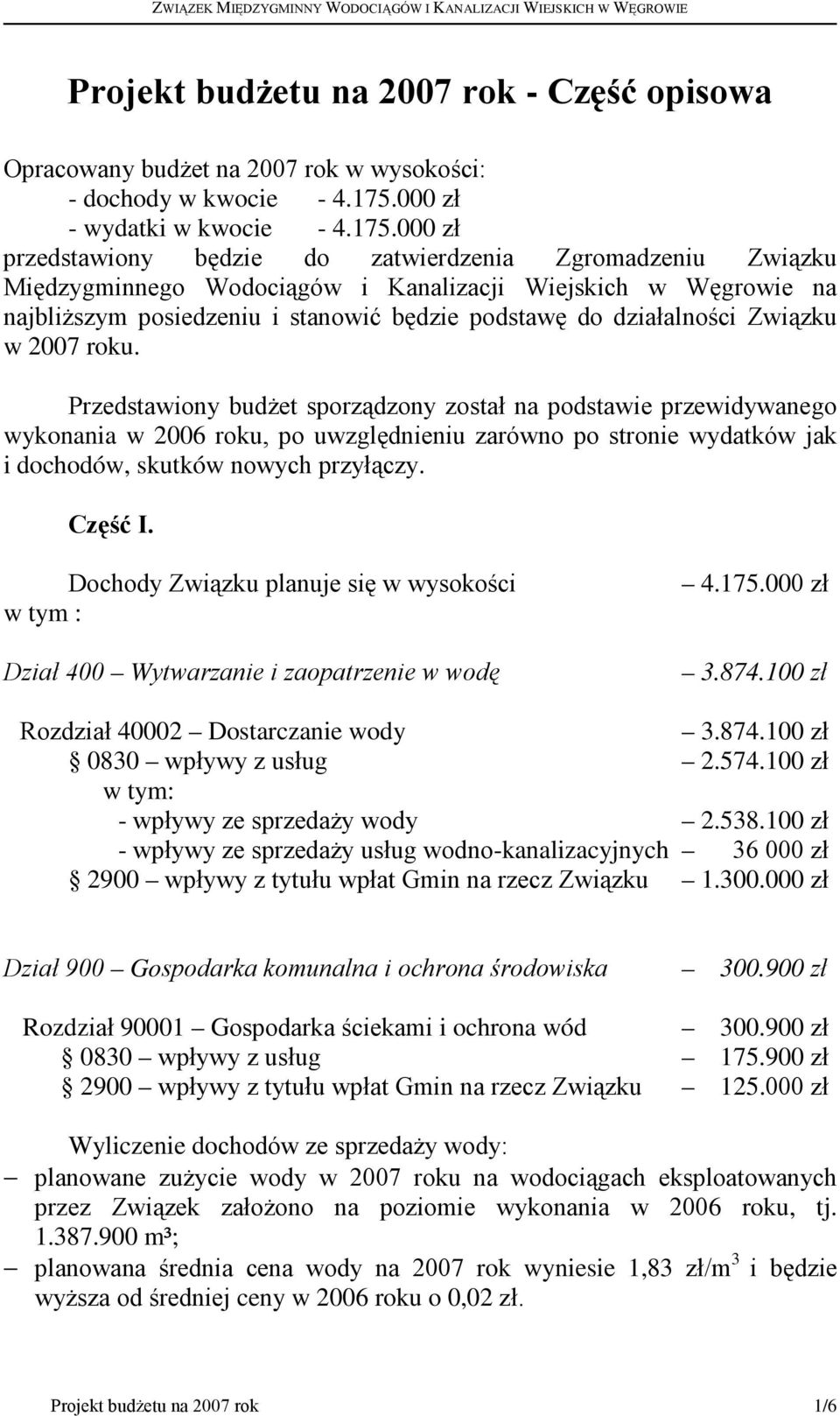 000 zł przedstawiony będzie do zatwierdzenia Zgromadzeniu Związku Międzygminnego Wodociągów i Kanalizacji Wiejskich w Węgrowie na najbliŝszym posiedzeniu i stanowić będzie podstawę do działalności