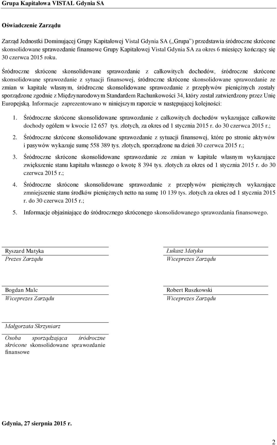 Śródroczne skrócone skonsolidowane sprawozdanie z całkowitych dochodów, śródroczne skrócone skonsolidowane sprawozdanie z sytuacji finansowej, śródroczne skrócone skonsolidowane sprawozdanie ze zmian