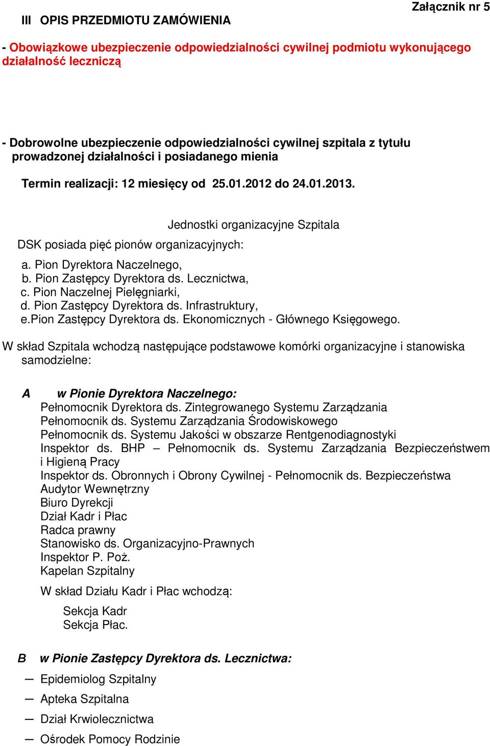 Pion Dyrektora Naczelnego, b. Pion Zastępcy Dyrektora ds. Lecznictwa, c. Pion Naczelnej Pielęgniarki, d. Pion Zastępcy Dyrektora ds. Infrastruktury, e.pion Zastępcy Dyrektora ds.