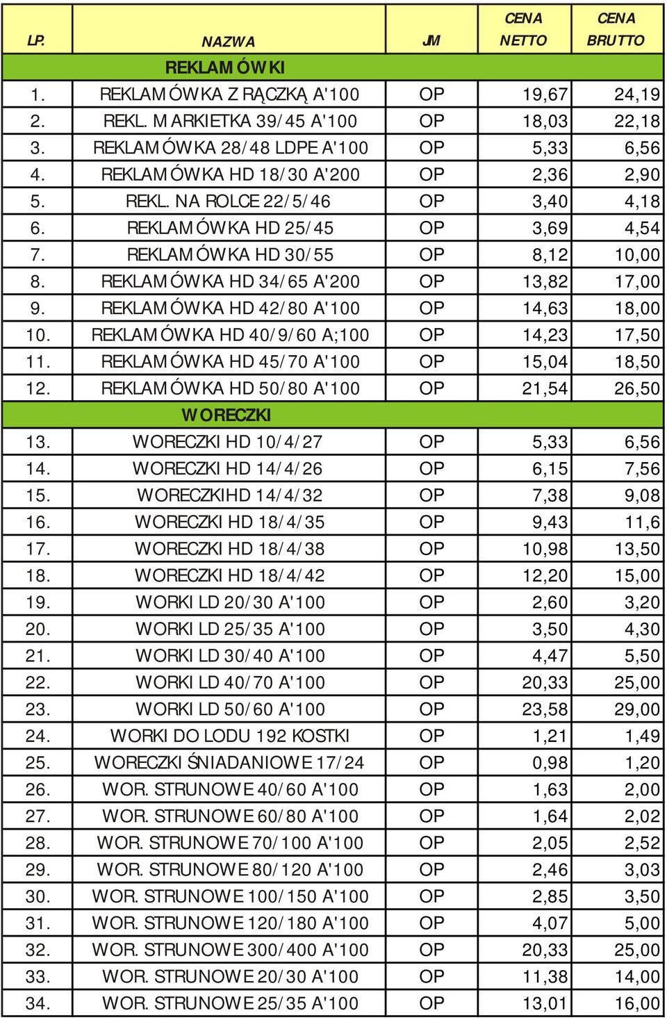 REKLAMÓWKA HD 40/9/60 A;100 OP 14,23 17,50 11. REKLAMÓWKA HD 45/70 A'100 OP 15,04 18,50 12. REKLAMÓWKA HD 50/80 A'100 OP 21,54 26,50 WORECZKI 13. WORECZKI HD 10/4/27 OP 5,33 6,56 14.