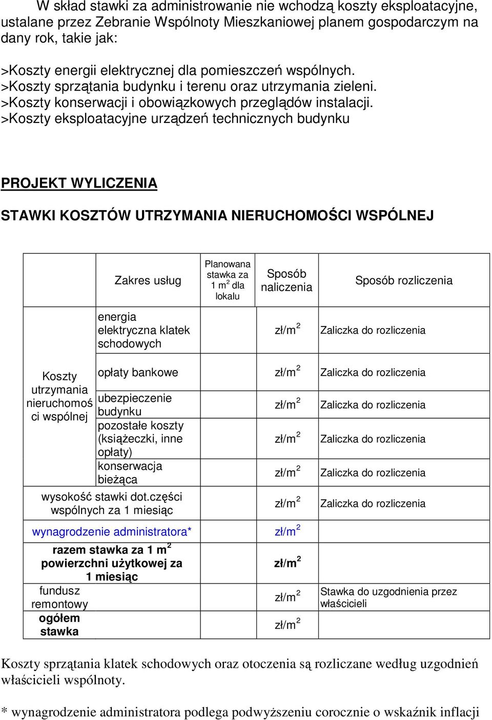 >Koszty eksploatacyjne urządzeń technicznych budynku PROJEKT WYLICZENIA STAWKI KOSZTÓW UTRZYMANIA NIERUCHOMOŚCI WSPÓLNEJ Zakres usług Planowana stawka za 1 m 2 dla lokalu Sposób naliczenia Sposób