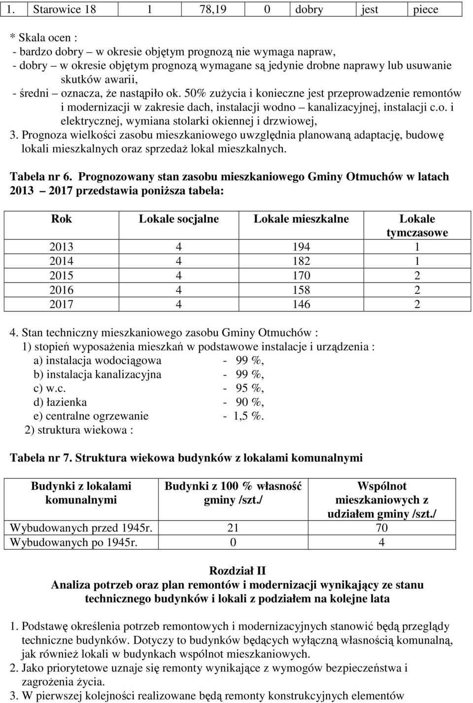 Prognoza wielkości zasobu mieszkaniowego uwzględnia planowaną adaptację, budowę lokali mieszkalnych oraz sprzedaż lokal mieszkalnych. Tabela nr 6.