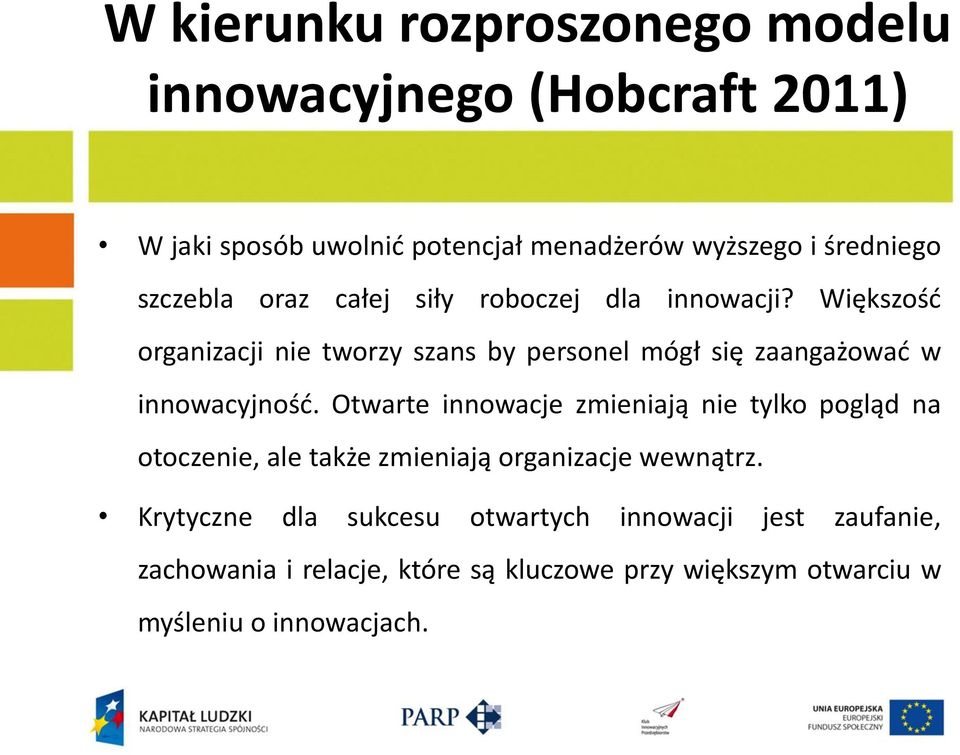 Większośd organizacji nie tworzy szans by personel mógł się zaangażowad w innowacyjnośd.