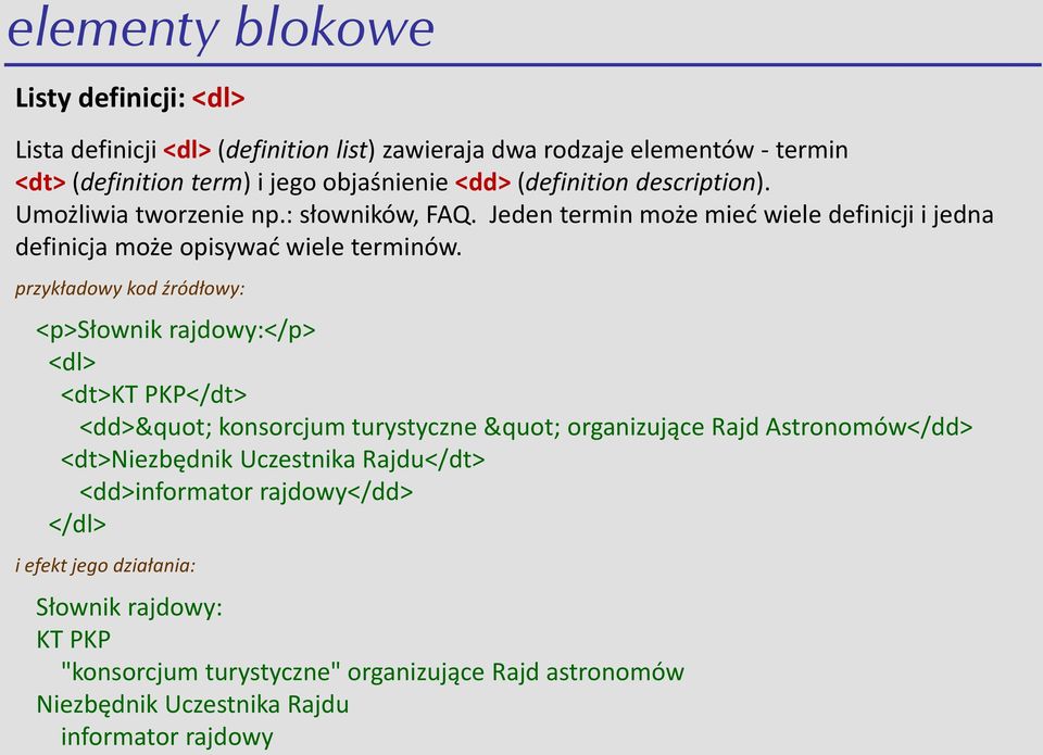 przykładowy kod źródłowy: <p>słownik rajdowy:</p> <dl> <dt>kt PKP</dt> <dd>" konsorcjum turystyczne " organizujące Rajd Astronomów</dd> <dt>niezbędnik Uczestnika