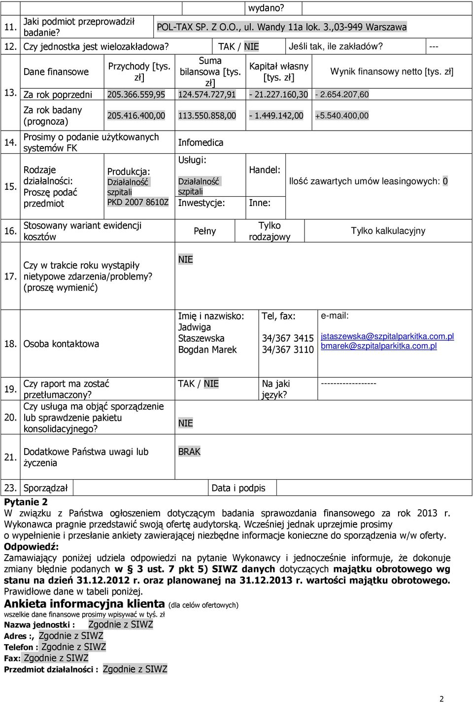 207,60 Za rok badany (prognoza) Prosimy o podanie użytkowanych systemów FK Rodzaje działalności: Proszę podać przedmiot 205.416.400,00 113.550.858,00-1.449.142,00 +5.540.