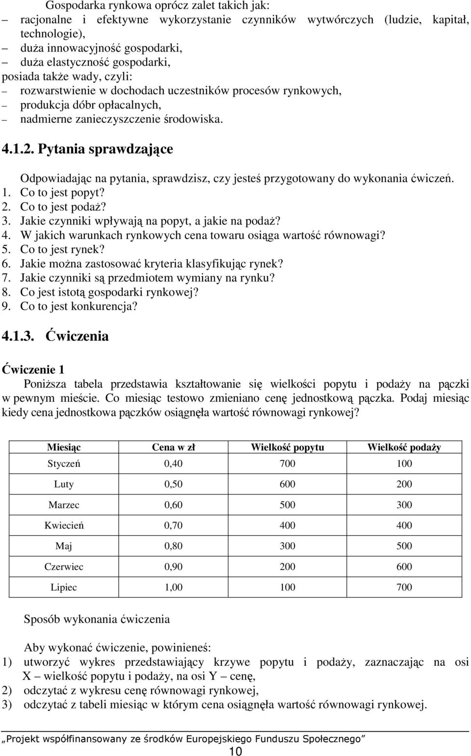 Pytania sprawdzające Odpowiadając na pytania, sprawdzisz, czy jesteś przygotowany do wykonania ćwiczeń. 1. Co to jest popyt? 2. Co to jest podaż? 3. Jakie czynniki wpływają na popyt, a jakie na podaż?