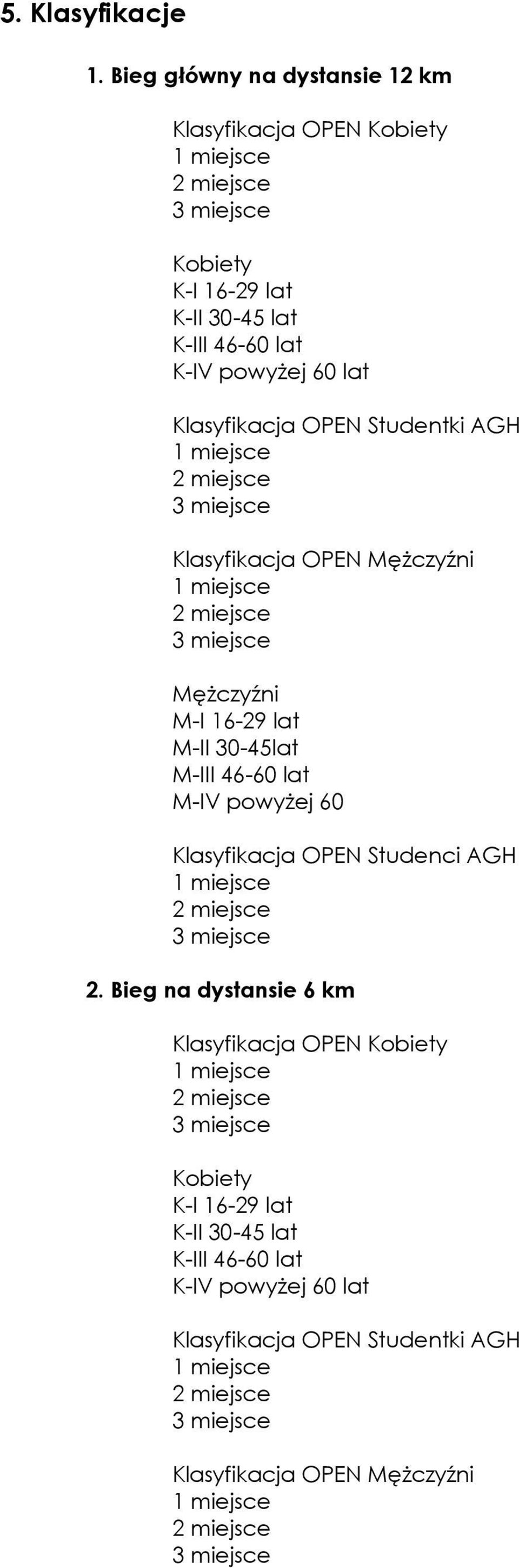 60 lat Klasyfikacja OPEN Studentki AGH Klasyfikacja OPEN Mężczyźni Mężczyźni M-I 16-29 lat M-II 30-45lat M-III 46-60 lat