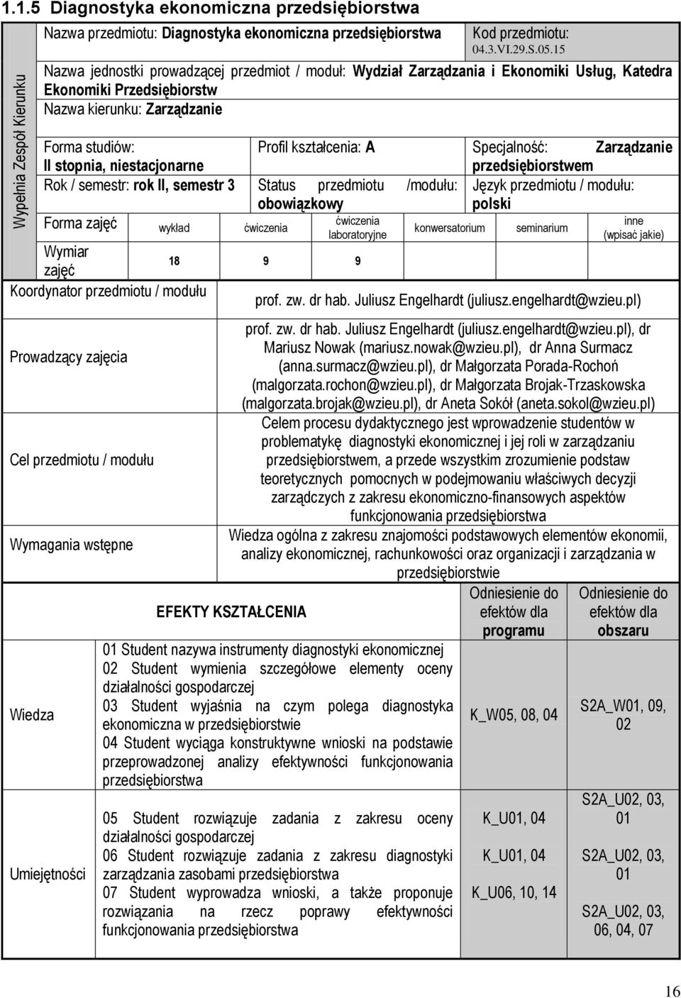 Specjalność: Zarządzanie II stopnia, niestacjonarne przedsiębiorstwem Rok / semestr: rok II, semestr 3 Status przedmiotu /modułu: Język przedmiotu / modułu: obowiązkowy polski Forma wykład ćwiczenia