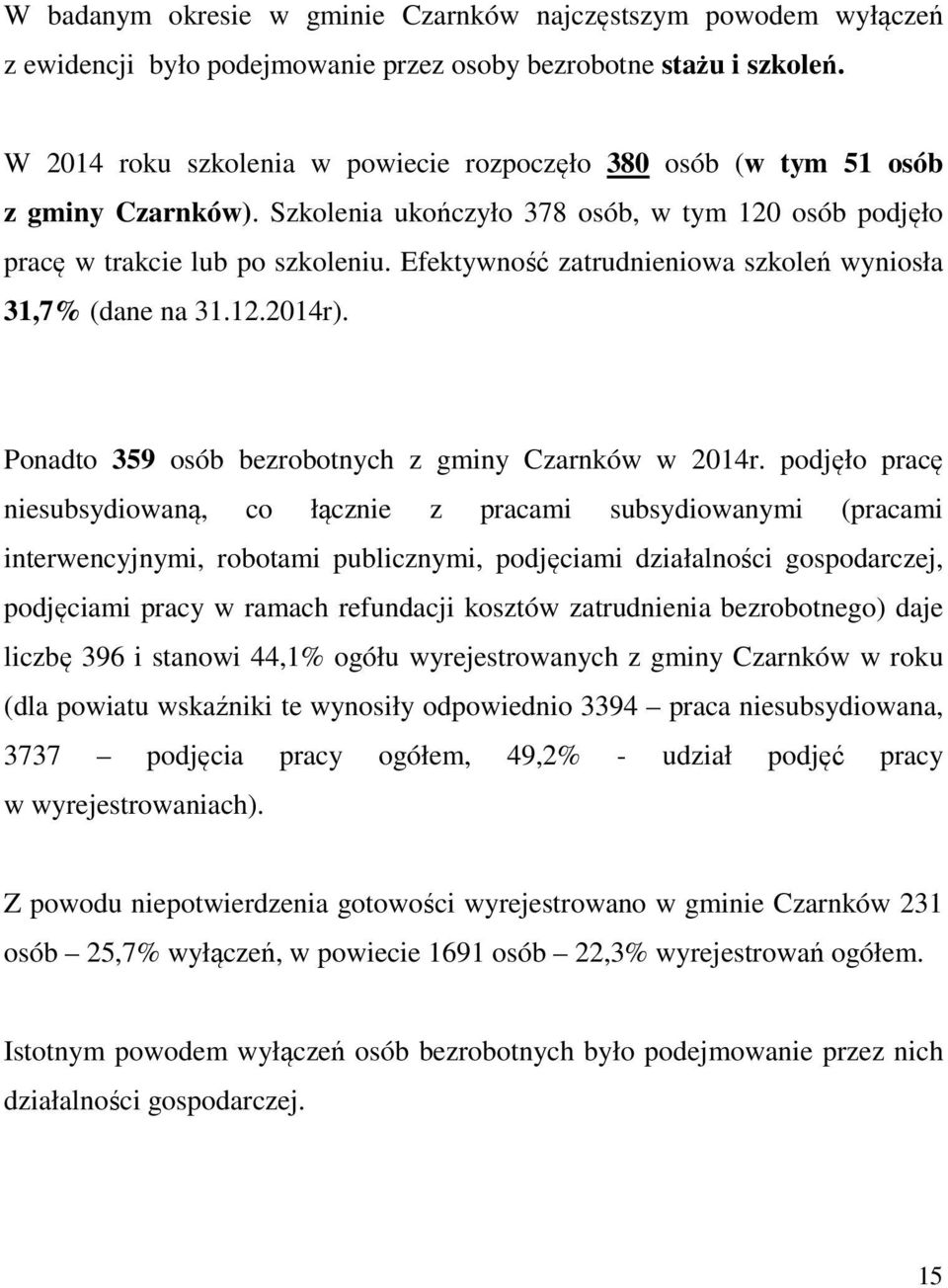 Efektywność zatrudnieniowa szkoleń wyniosła 31,7% (dane na 31.12.2014r). Ponadto 359 osób bezrobotnych z gminy Czarnków w 2014r.