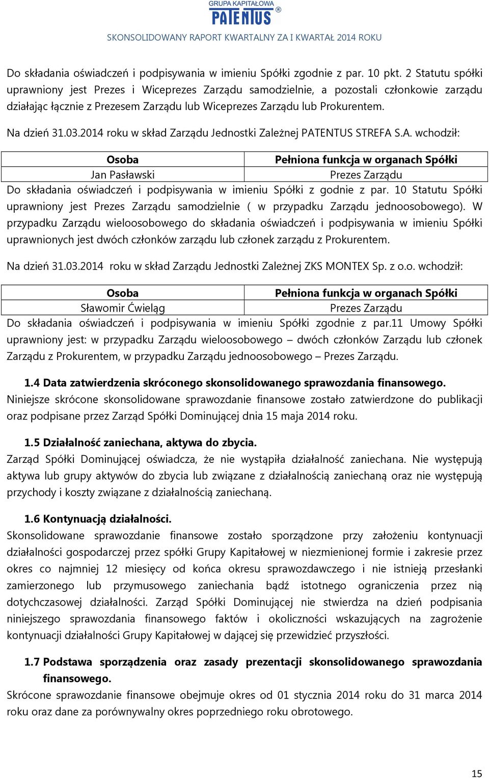 Na dzień roku w skład Zarządu Jednostki Zależnej PAT