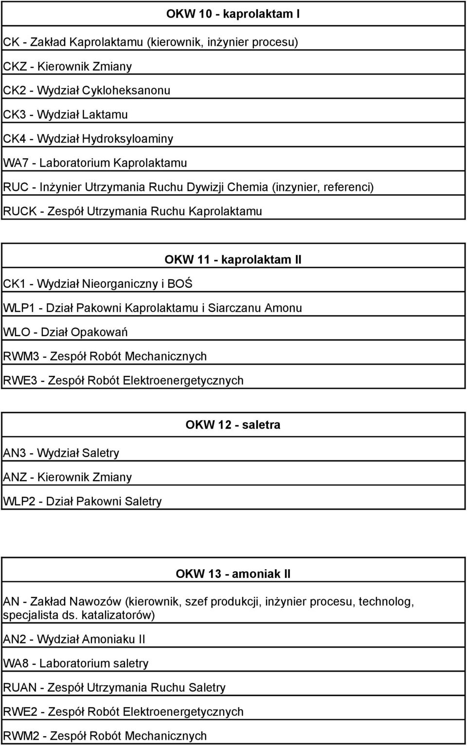 WLP1 - Dział Pakowni Kaprolaktamu i Siarczanu Amonu WLO - Dział Opakowań RWM3 - Zespół Robót Mechanicznych RWE3 - Zespół Robót Elektroenergetycznych OKW 12 - saletra AN3 - Wydział Saletry ANZ -