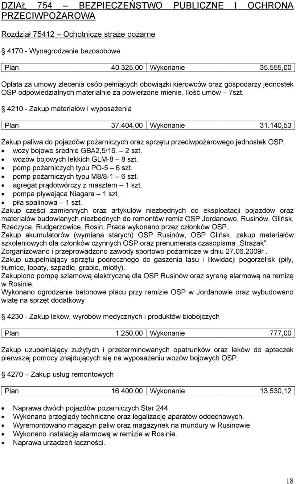 4210 - Zakup materiałów i wyposażenia Plan 37.404,00 Wykonanie 31.140,53 Zakup paliwa do pojazdów pożarniczych oraz sprzętu przeciwpożarowego jednostek OSP. wozy bojowe średnie GBA2,5/16. 2 szt.