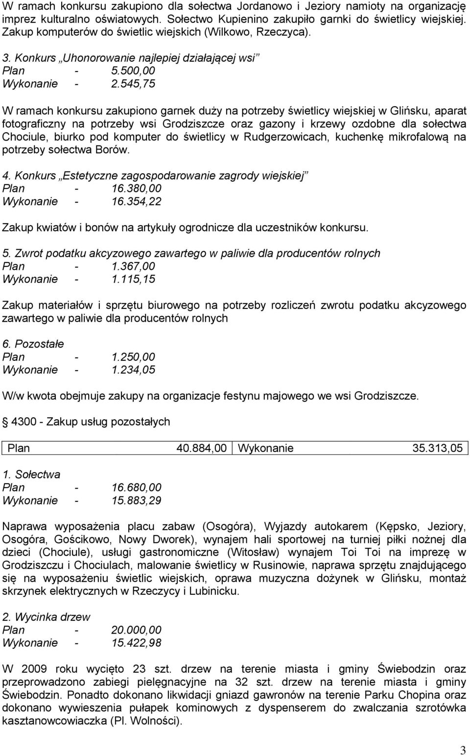 545,75 W ramach konkursu zakupiono garnek duży na potrzeby świetlicy wiejskiej w Glińsku, aparat fotograficzny na potrzeby wsi Grodziszcze oraz gazony i krzewy ozdobne dla sołectwa Chociule, biurko