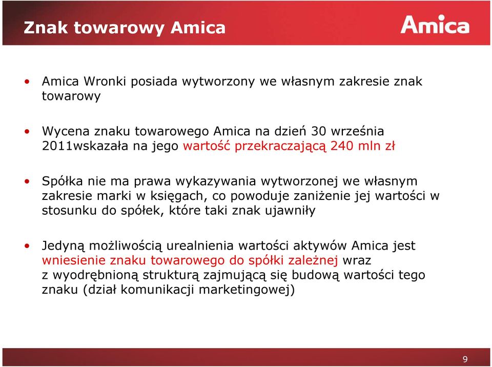 powoduje zaniżenie jej wartości w stosunku do spółek, które taki znak ujawniły Jedyną możliwością urealnienia wartości aktywów Amica jest