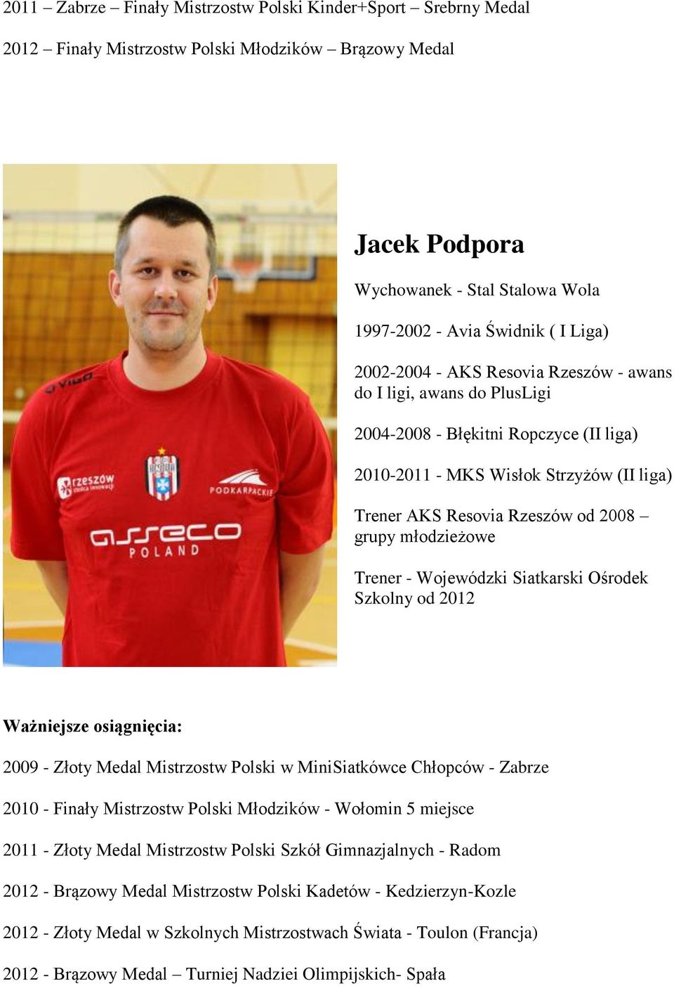 młodzieżowe Trener - Wojewódzki Siatkarski Ośrodek Szkolny od 2012 2009 - Złoty Medal Mistrzostw Polski w MiniSiatkówce Chłopców - Zabrze 2010 - Finały Mistrzostw Polski Młodzików - Wołomin 5 miejsce