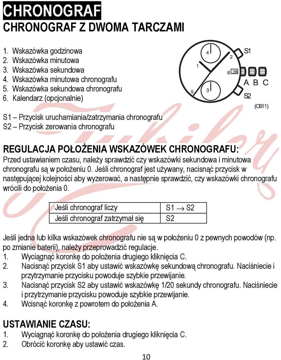 wskazówki sekundowa i minutowa chronografu są w położeniu 0.