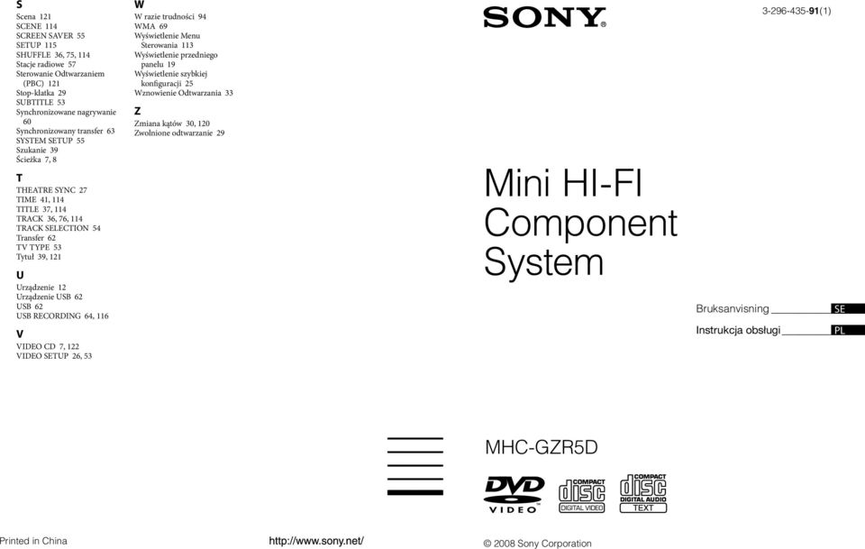 USB 62 USB 62 USB RECORDING 64, 116 V VIDEO CD 7, 122 VIDEO SETUP 26, 53 W W razie trudności 94 WMA 69 Wyświetlenie Menu Sterowania 113 Wyświetlenie przedniego panelu 19 Wyświetlenie szybkiej