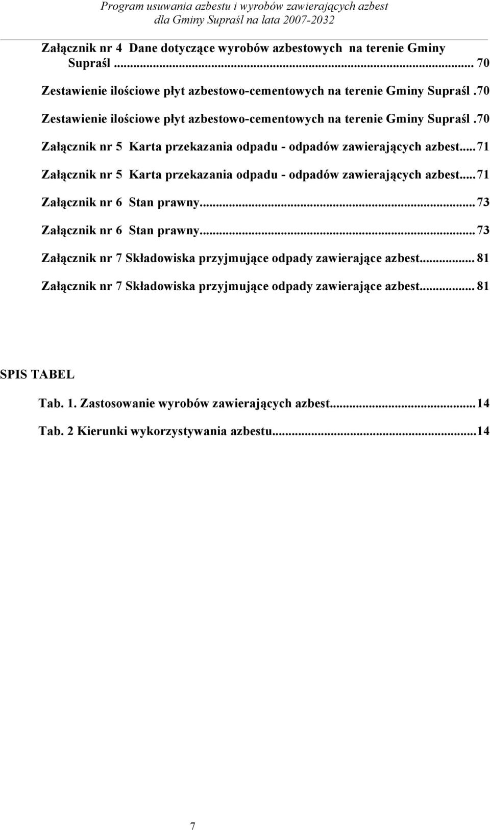 ..71 Załącznik nr 5 Karta przekazania odpadu - odpadów zawierających azbest...71 Załącznik nr 6 Stan prawny...73 Załącznik nr 6 Stan prawny.