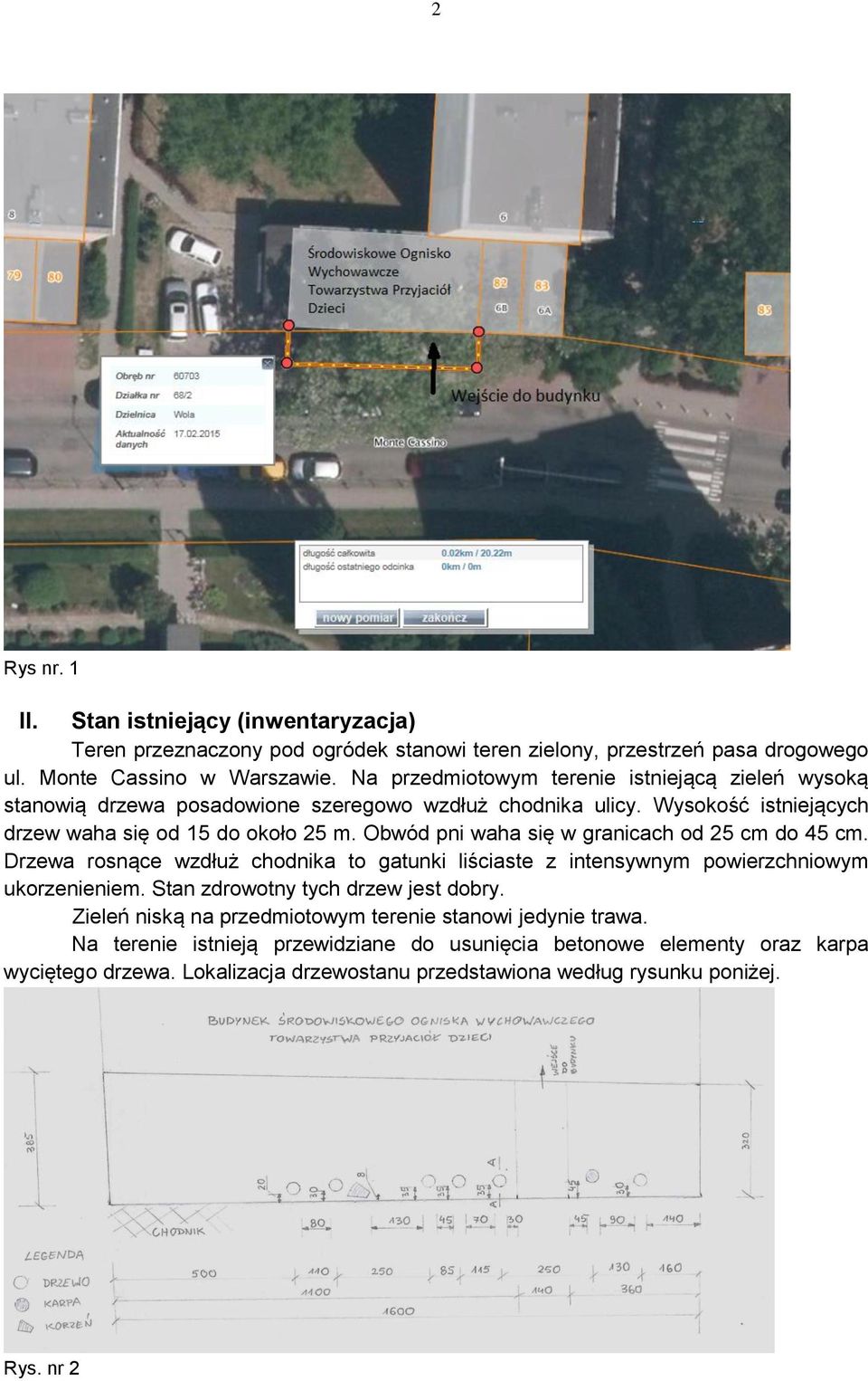 Obwód pni waha się w granicach od 25 cm do 45 cm. Drzewa rosnące wzdłuż chodnika to gatunki liściaste z intensywnym powierzchniowym ukorzenieniem. Stan zdrowotny tych drzew jest dobry.