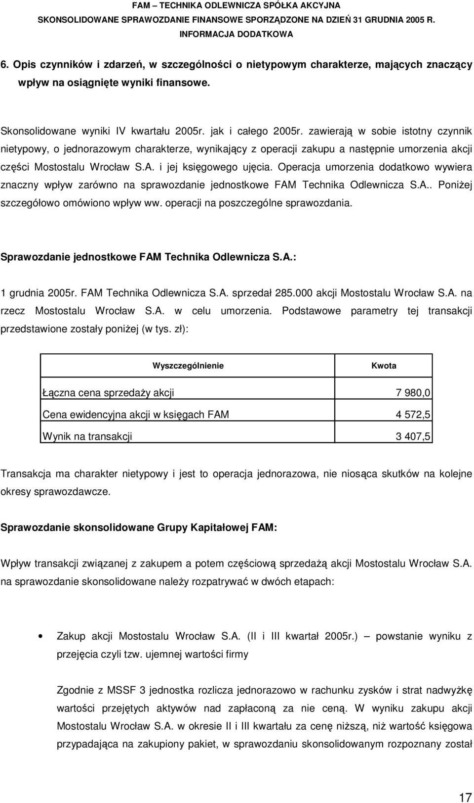 Operacja umorzenia dodatkowo wywiera znaczny wpływ zarówno na sprawozdanie jednostkowe FAM Technika Odlewnicza S.A.. Poniżej szczegółowo omówiono wpływ ww. operacji na poszczególne sprawozdania.