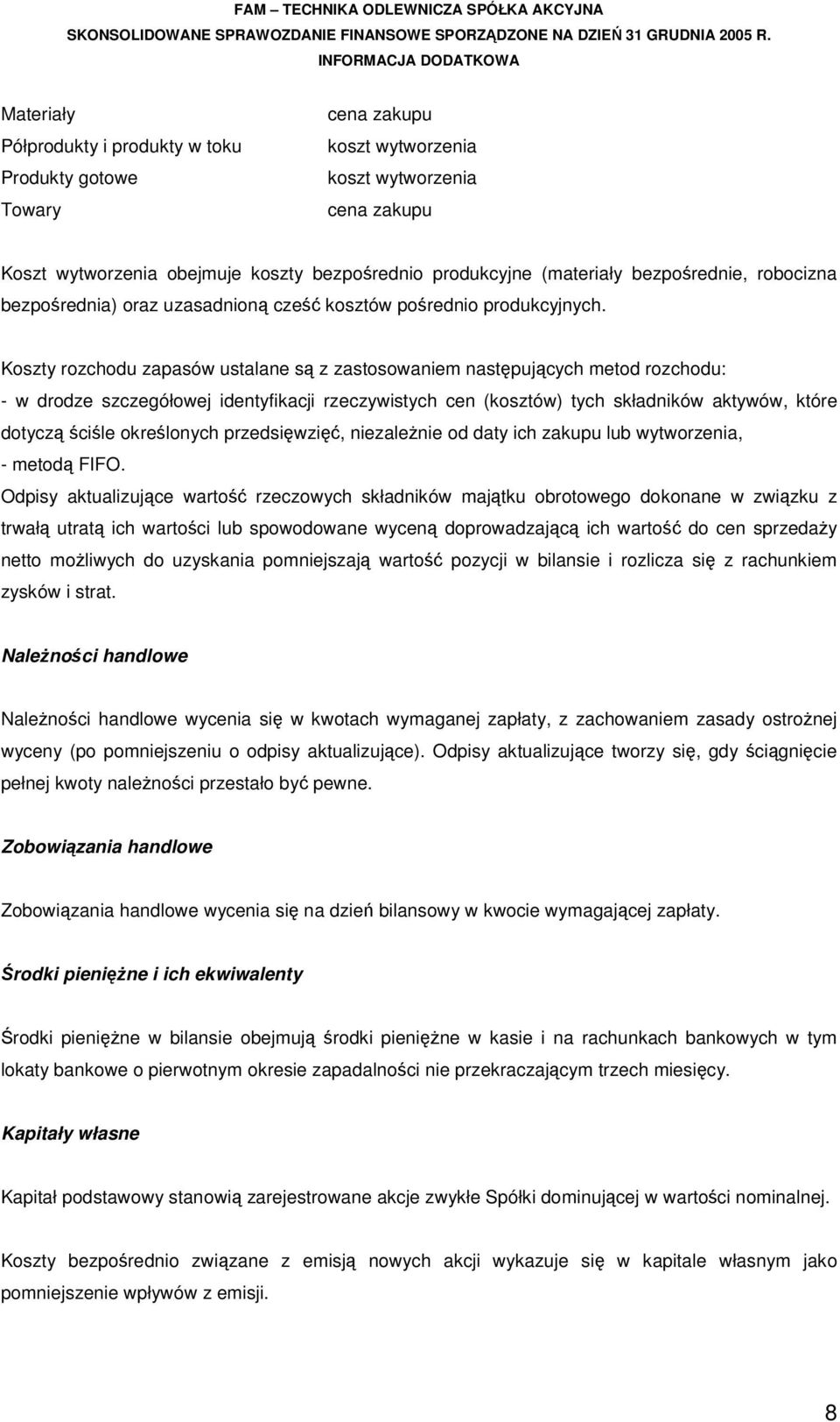 Koszty rozchodu zapasów ustalane są z zastosowaniem następujących metod rozchodu: - w drodze szczegółowej identyfikacji rzeczywistych cen (kosztów) tych składników aktywów, które dotyczą ściśle