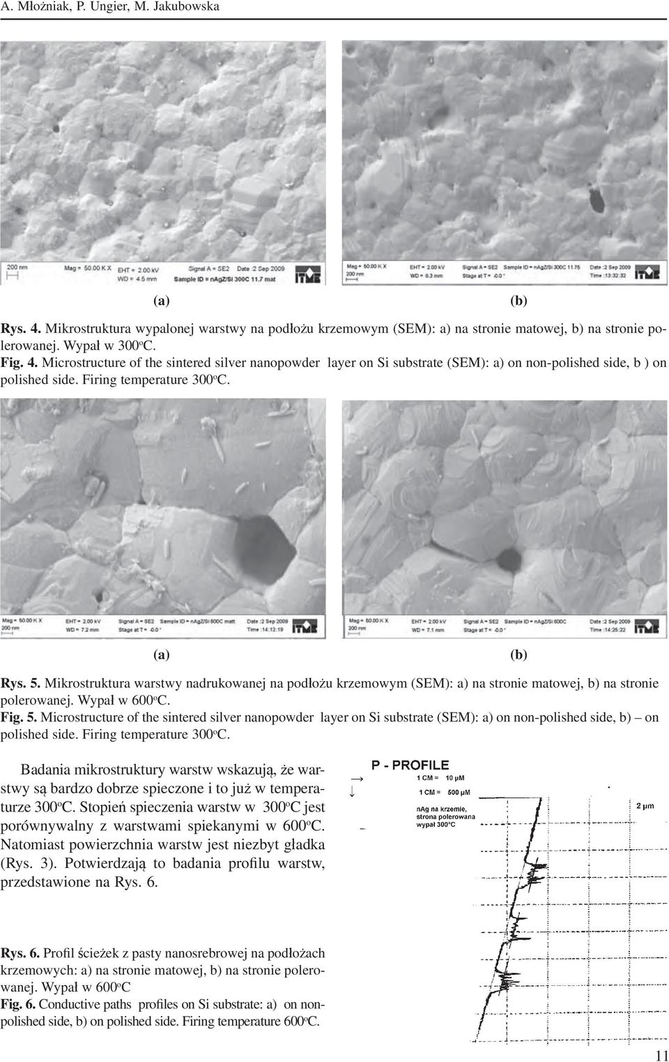 Microstructure of the sintered silver nanopowder layer on Si substrate (SEM): a) on non-polished side, b ) on polished side. Firing temperature 300 o C. (a) (b) Rys. 5.