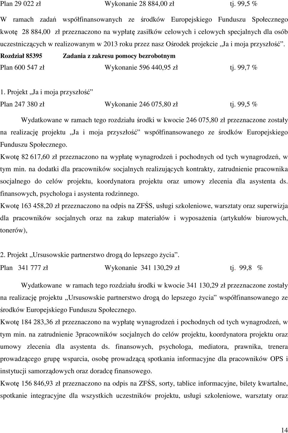 realizowanym w 2013 roku przez nasz Ośrodek projekcie Ja i moja przyszłość. Rozdział 85395 Zadania z zakresu pomocy bezrobotnym Plan 600 547 zł Wykonanie 596 440,95 zł tj. 99,7 % 1.