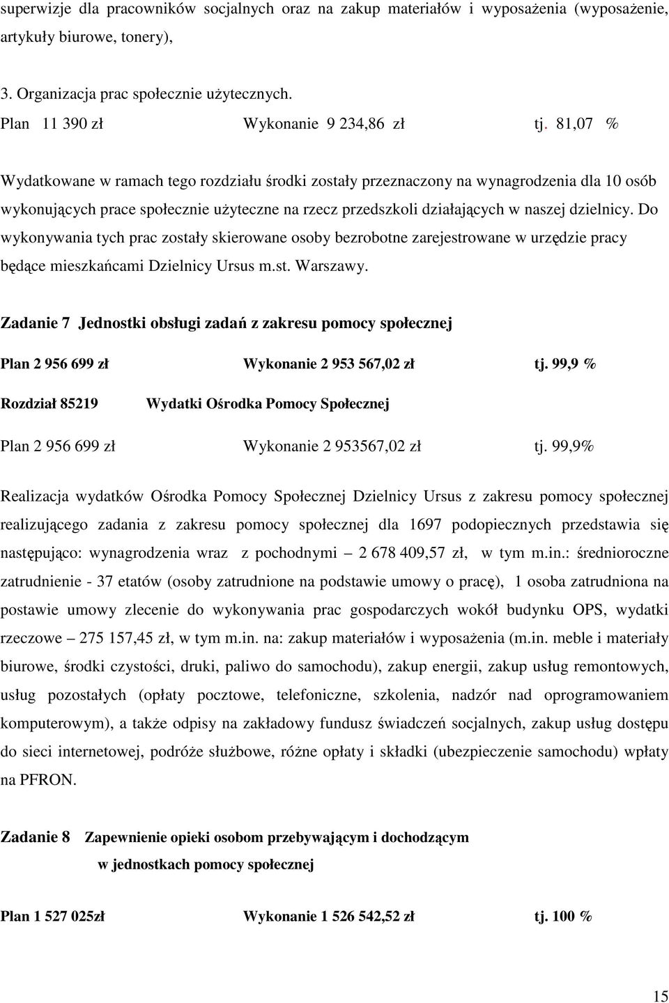 81,07 % Wydatkowane w ramach tego rozdziału środki zostały przeznaczony na wynagrodzenia dla 10 osób wykonujących prace społecznie użyteczne na rzecz przedszkoli działających w naszej dzielnicy.