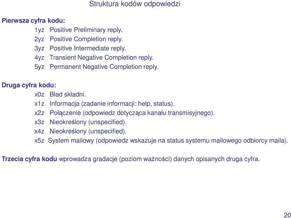 x1z Informacja (zadanie informacji: help, status). x2z Połączenie (odpowiedz dotycząca kanału transmisyjnego). x3z Nieokreślony (unspecified).