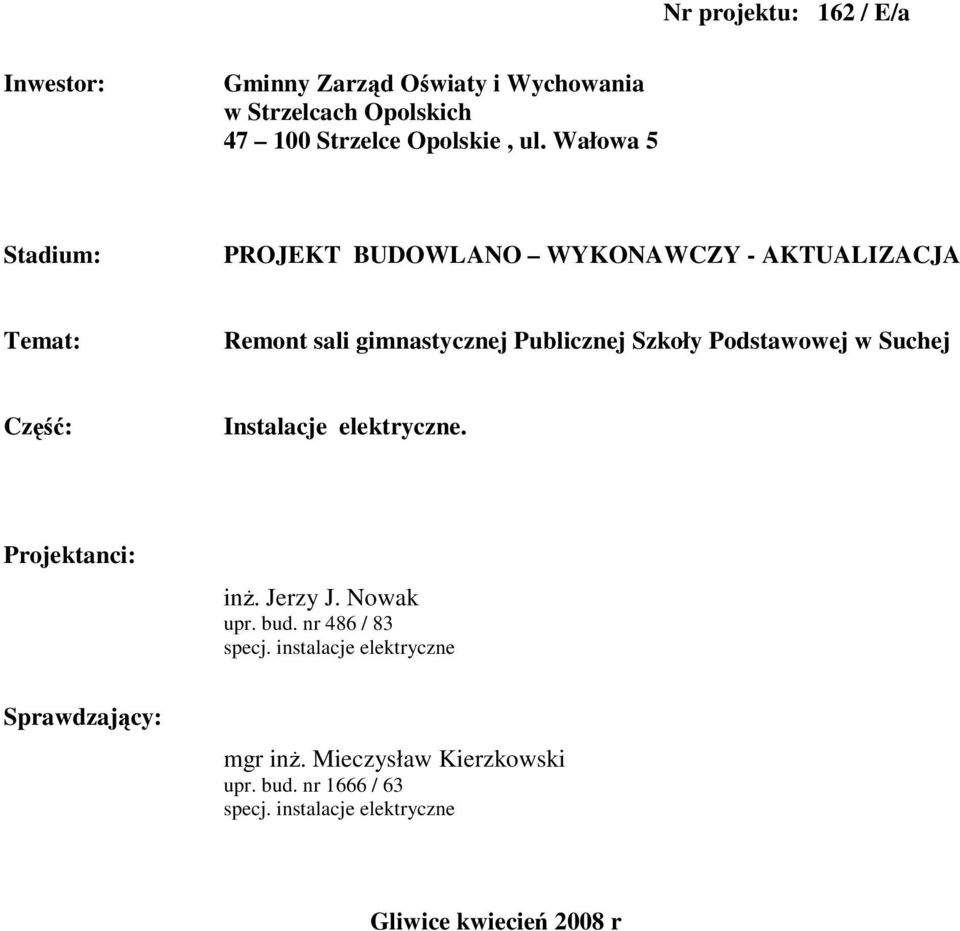 Podstawowej w Suchej Część: Instalacje elektryczne. Projektanci: inŝ. Jerzy J. Nowak upr. bud. nr 486 / 83 specj.