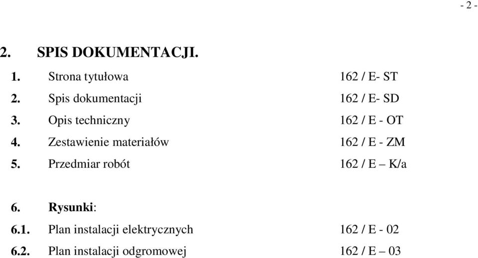 Zestawienie materiałów 162 / E - ZM 5. Przedmiar robót 162 / E K/a 6.