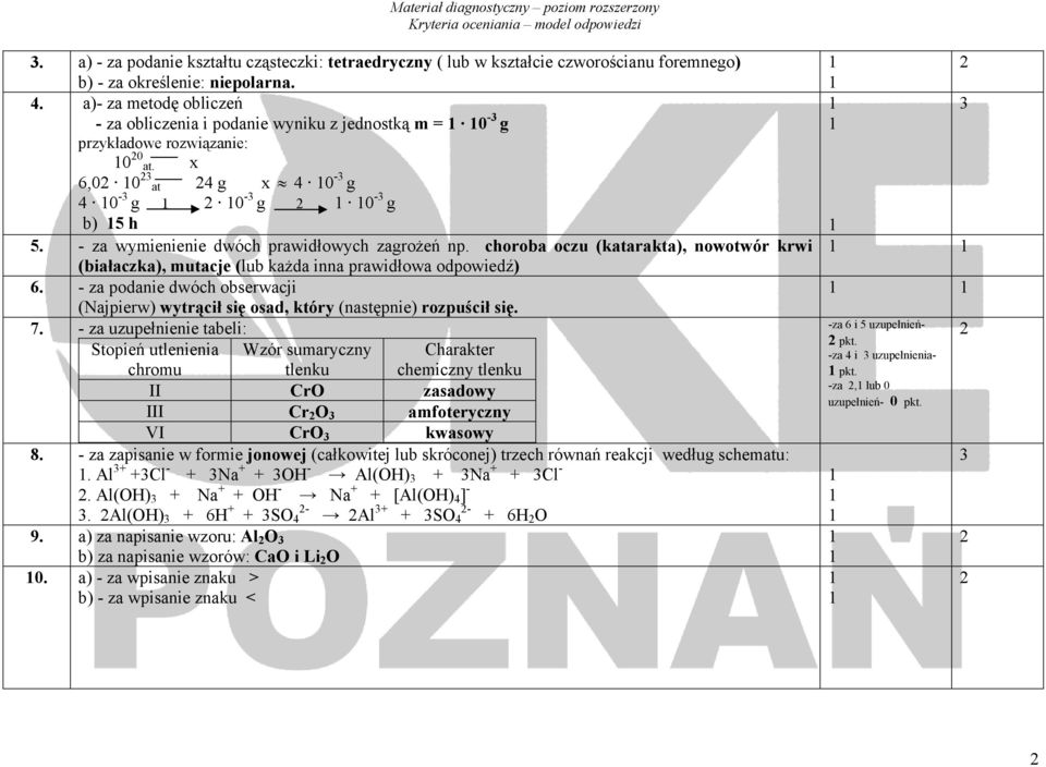 choroba oczu (katarakta), nowotwór krwi (białaczka), mutacje (lub każda inna prawidłowa odpowiedź) 6. - za podanie dwóch obserwacji (Najpierw) wytrącił się osad, który (następnie) rozpuścił się. 7.