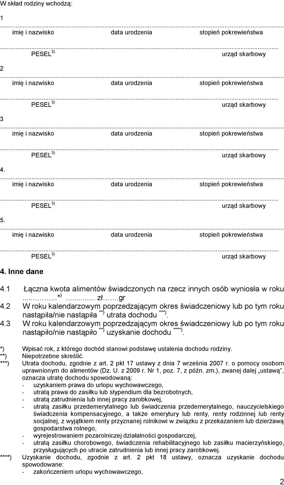 ... imię i nzwisko dt urodzeni stopień pokrewieństw... PESEL 3) urząd skrbowy 4. Inne dne 4.1 Łączn kwot limentów świdczonych n rzecz innych osób wyniosł w roku......* )... zł...gr 4.