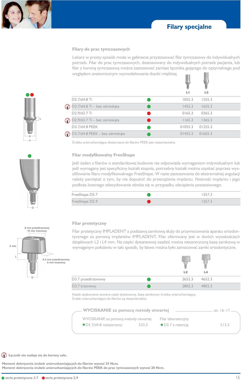 wymodelowania tkanki miękkiej. 1 3 d 3.7/d4.8 Ti 1055.3 1255.3 3.7/d4.8 Ti bez ośmiokąta 1455.3 1655.3 2.9/d3.7 Ti 0165.3 0365.3 2.9/d3.7 Ti bez ośmiokąta 1165.3 1365.3 3.7/d4.8 PEEK 01055.3 01255.