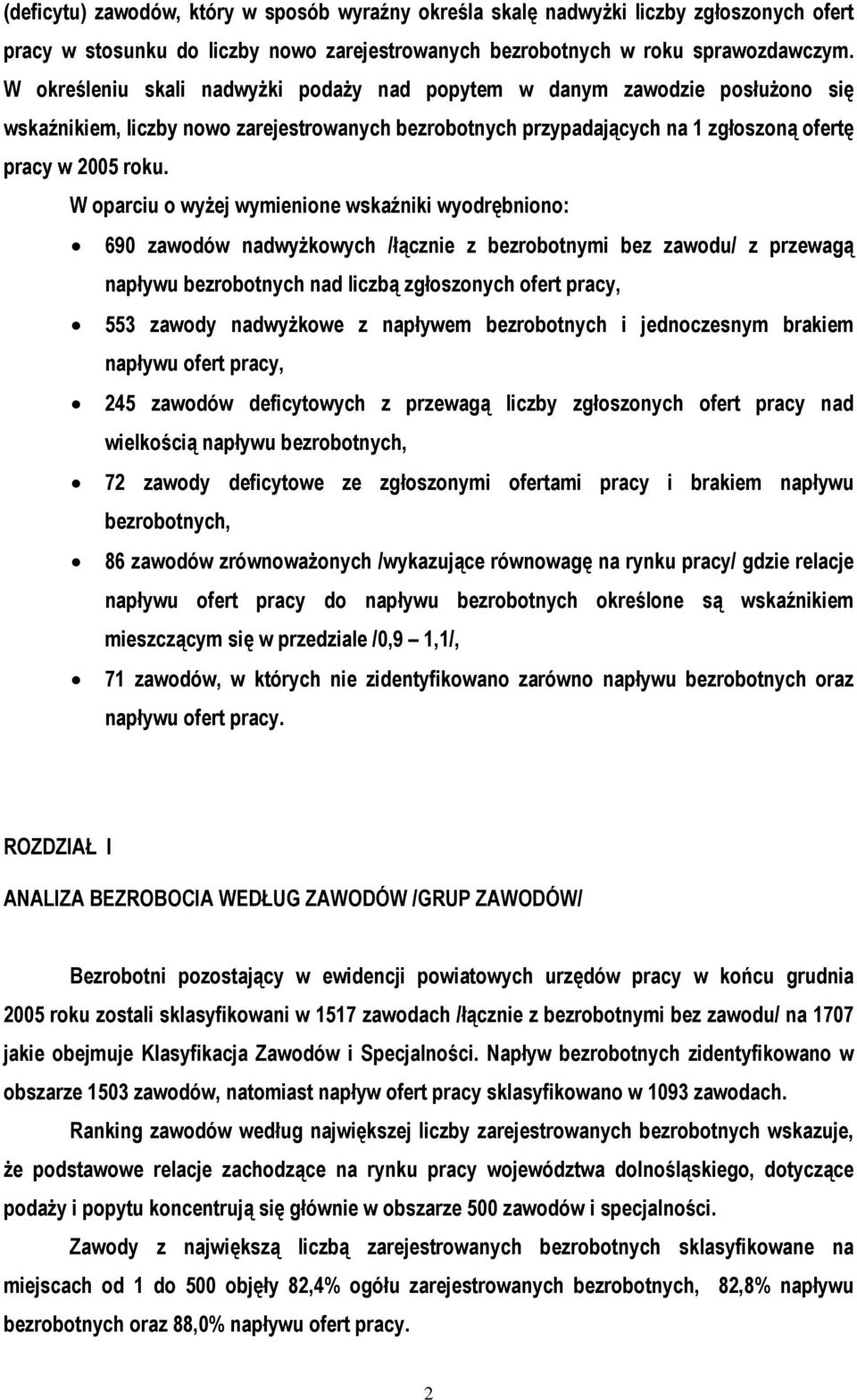 W oparciu o wyżej wymienione wskaźniki wyodrębniono: 690 zawodów nadwyżkowych /łącznie z bezrobotnymi bez zawodu/ z przewagą napływu nad liczbą zgłoszonych ofert pracy, 553 zawody nadwyżkowe z