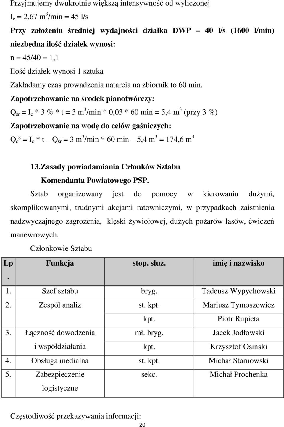 Zapotrzebowanie na środek pianotwórczy: Q śr = I c * 3 % * t = 3 m 3 /min * 0,03 * 60 min = 5,4 m 3 (przy 3 %) Zapotrzebowanie na wodę do celów gaśniczych: Q g c = I c * t Q śr = 3 m 3 /min * 60 min