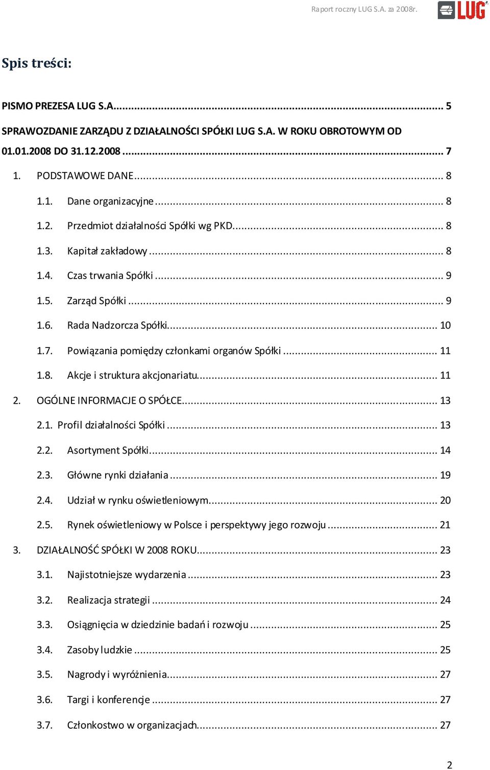 .. 11 2. OGÓLNE INFORMACJE O SPÓŁCE... 13 2.1. Profil działalności Spółki... 13 2.2. Asortyment Spółki... 14 2.3. Główne rynki działania... 19 2.4. Udział w rynku oświetleniowym... 20 2.5.